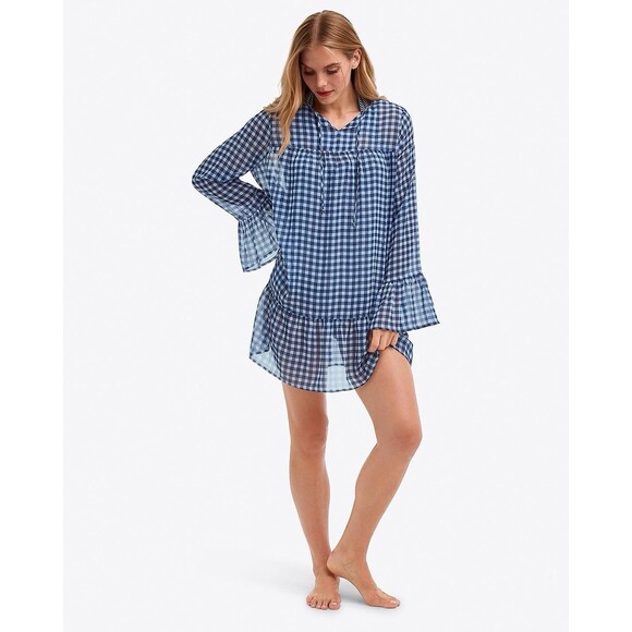 Draper James Gingham Navy Sheer Swim Cover Up Or Dress Size XS‎ Long Sleeve - Picture 2 of 9
